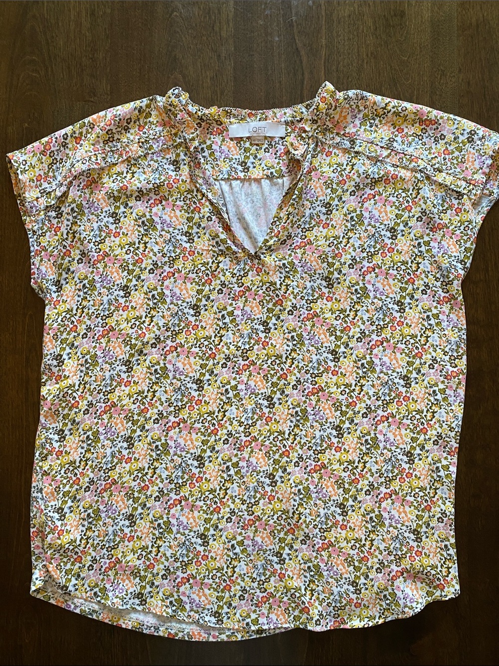 LOFT Pink Yellow Green Floral V-Neck Cap-Sleeve Blouse